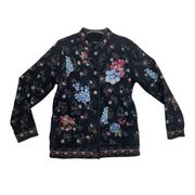 Denim & Co womens small black floral embroidered button up jacket blazer fairy b