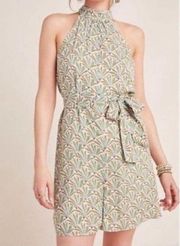 Anthropologie  Maddie High Neck Romper Women's Large Green Leaf Print Belted