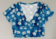 Blue Daisy Floral Print Short Sleeve Crop Top Tee T-Shirt Blouse Size S 🌼