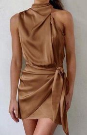 Zesica Halter Neck Satin Bodycon Wrap Mini Dress