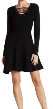 Nina Leonard Lace Up Ribbed Fit and Flare Knit Sweater Dress Small NWT