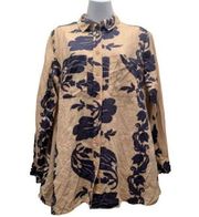 Soft Surroundings Womens Button Shirt Sz M 100% Linen Navy Beige Aloha Hawaiian