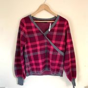 New York & Co. Soft Pullover Plaid Balloon Sleeve Crossover Sweater Pink NEW S