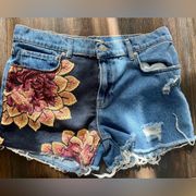 MNG MANGO Denim Shorts with Gold and Maroon Flowers size 10