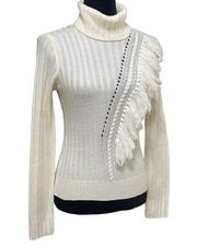 DKNY Ivory Fringe Knit Ribbbed Turtleneck Sweater Top Size Small