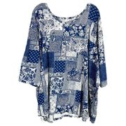 Woman Within Plus Size 2X 26W 28W Top Blue White Handkerchief Print Floral 1223