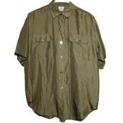 80s Vintage CLIO For Nordstrom Button Down Shirt 100% Silk Short Sleeve Green L