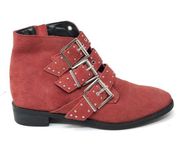 Topshop Women Sz UK 4 US 6.5 Krown Studded Red Suede Ankle Booties Buckle