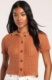 Lulus Cuter than Casual Rust Brown Open Knit Button-Up Top Size XL NWOT