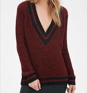 Forever 21 ✨ Cable Knit Burgundy Varsity V Neck Striped Trim Sweater✨