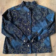 Krazy Kat Woman’s Button Up Paisley Blue Ruffle Shirt Size Medium