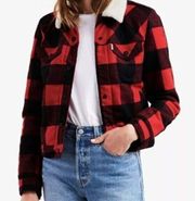 LEVI'S Jacket Coat Trucker Womens Large Buffalo Plaid Sherpa Collar Red Black