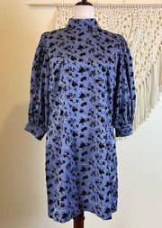 Melloday Flocked Velvet Mini Dress Puff 3/4 Sleeve Mock Neck Blue Black Floral L