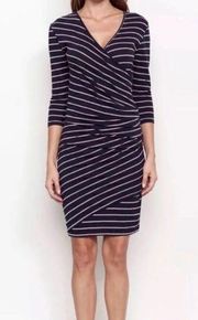 NEW Sundry Fabian Long Sleeve Ruched Striped Faux Wrap Mini Dress Medium NWT