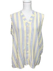 FLAX Linen Striped Sleeveless Button Up Shirt Collared Split-Neck Yellow Blue M