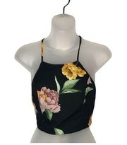 Boutique Blue Blush Black Floral Tie Back Halter Tank Top S