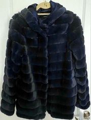 Vimoda Paris Steel Blue Faux Fur Mink Hooded Jacket Coat, NWT