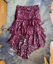 Veronica Beard  Burgundy Silk Jaquard Silver Leopard Print Midi Skirt