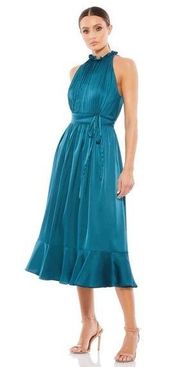 NWT Mac Duggal Halter Neck Satin Midi Dress in Peacock style 26633 sz 10