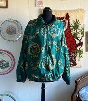 90's vintage hunter green gold ornate patterned oversized zip-up windbreaker