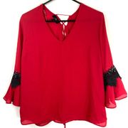 I.N. San Francisco Lace Up Bell Sleeve Blouse Top Red V Neck Women XL