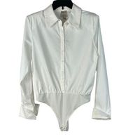 Jeannie Mai x INC Small Thong Bodysuit Button-Up Long Sleeves V-Neck White New