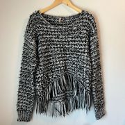 Black White Fringe Pullover Knit Sweater