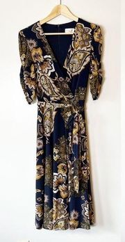 Eliza J Dress Midi Paisley Faux Wrap Navy Gold Size 8