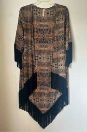 Lovely Day Brown & Black Boho Printed Short Sleeve Fringe Kimono S