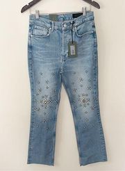 ALLSAINTS Evie Embellished Slim Straight Leg Jeans in Light Indigo Size 26 NEW