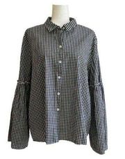BeachLunchLounge Blouse Top Black White Gingham Button Front Bell Sleeve Top XL