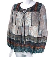 Knox Rose Womens Plus Size 1 Peasant Top Bohemian Peplum Long Sleeve Paisley