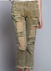 NWT POL Edgy Mustard Leopard Distressed Boyfriend Jeans Small‎