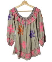 Poupette St. Barth Beige Embroidered Off the Shoulder Long Sleeve Blouse S