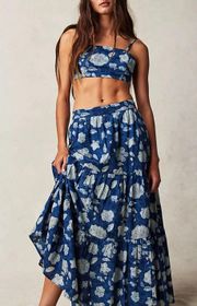 Rahi Pierre Floral Tiered High Rise Pleated Boho Cotton Maxi Skirt Blue