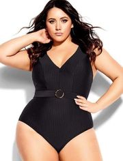 NWT City Chic Calero Ribbed Belted One piece swimsuit, size 16