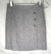 NWT Talbots Wool Scalloped Herringbone Faux Wrap Crest Button Pencil Skirt Gray