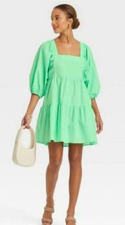 NWT Womens  Puff Sleeve Smocked Dress w Pockets - Sz L