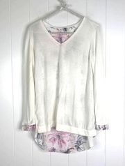 NYDJ Women's Mixed Media V-Neck Sweater White with Floral Print Flap Back SZ S