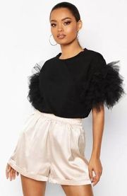 Boohoo May By Shining Star Black Ruffle Tulle Sleeve T-Shirt Size Medium Large