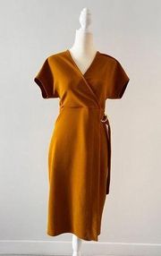 T TAHARI Fall Mustard Yellow Wrap Dress Midi | Size 2 | Gold Belt Loop