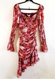 Wayf Dress Rosie Dress Red Roses Floral Asymmetrical Hem Puff Sleeves Sz S NWT