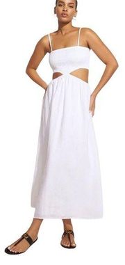 Faithfull the Brand Tayari Cut Out Square Neck Smocked Midi Dress White 8/L NWT
