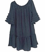 Andree By Unit Blue Polka Dot Dress 3/4 Bell Sleeves Ruffles Elastic Neck Sz L