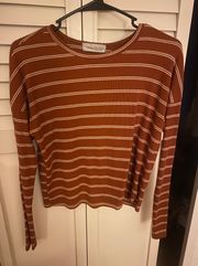 Brown-orange Long sleeve Top With White Striped