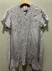 Johnny Was Tunic Top Women’s Heavy Embroidered Semi Sheer Wolfe Grey Size XS