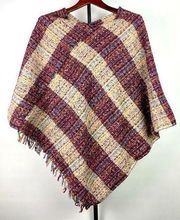 Multicolor Striped Boucle Knit Fringe Hem Poncho