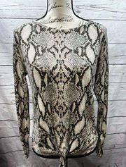 Olivaceous medium snake skin patterned light weight pullover sweater with tie in