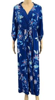 Iris LARGE Blue Floral Collared Long Sleeve Boho Sheath Maxi Dress NWT