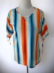 Caribbean Joe ladies colorful tie dye ruched striped keyhole tunic top medium